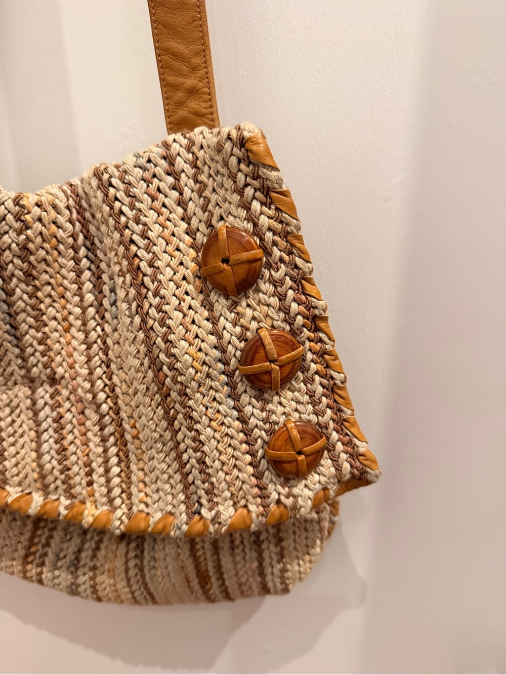 Sharif Vintage Woven Straw & Leather Bucket Bag Camel Boho - Picture 3 of 8